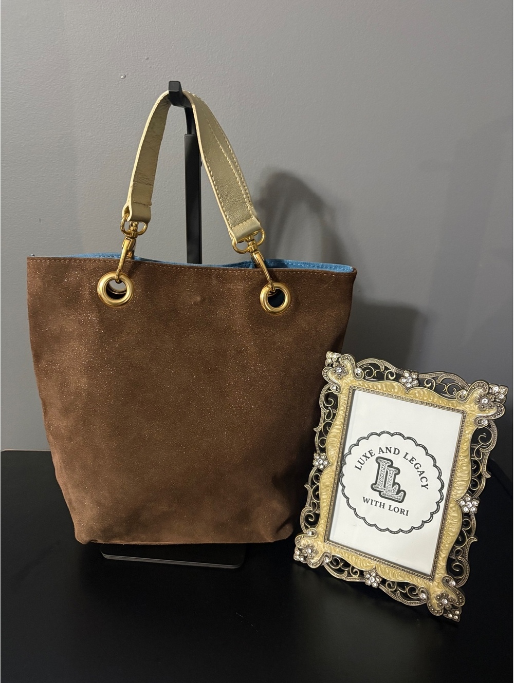 Maurizio Taiuti Italian Brown Shimmer Suede Bucket Bag | Metallic Gold Straps